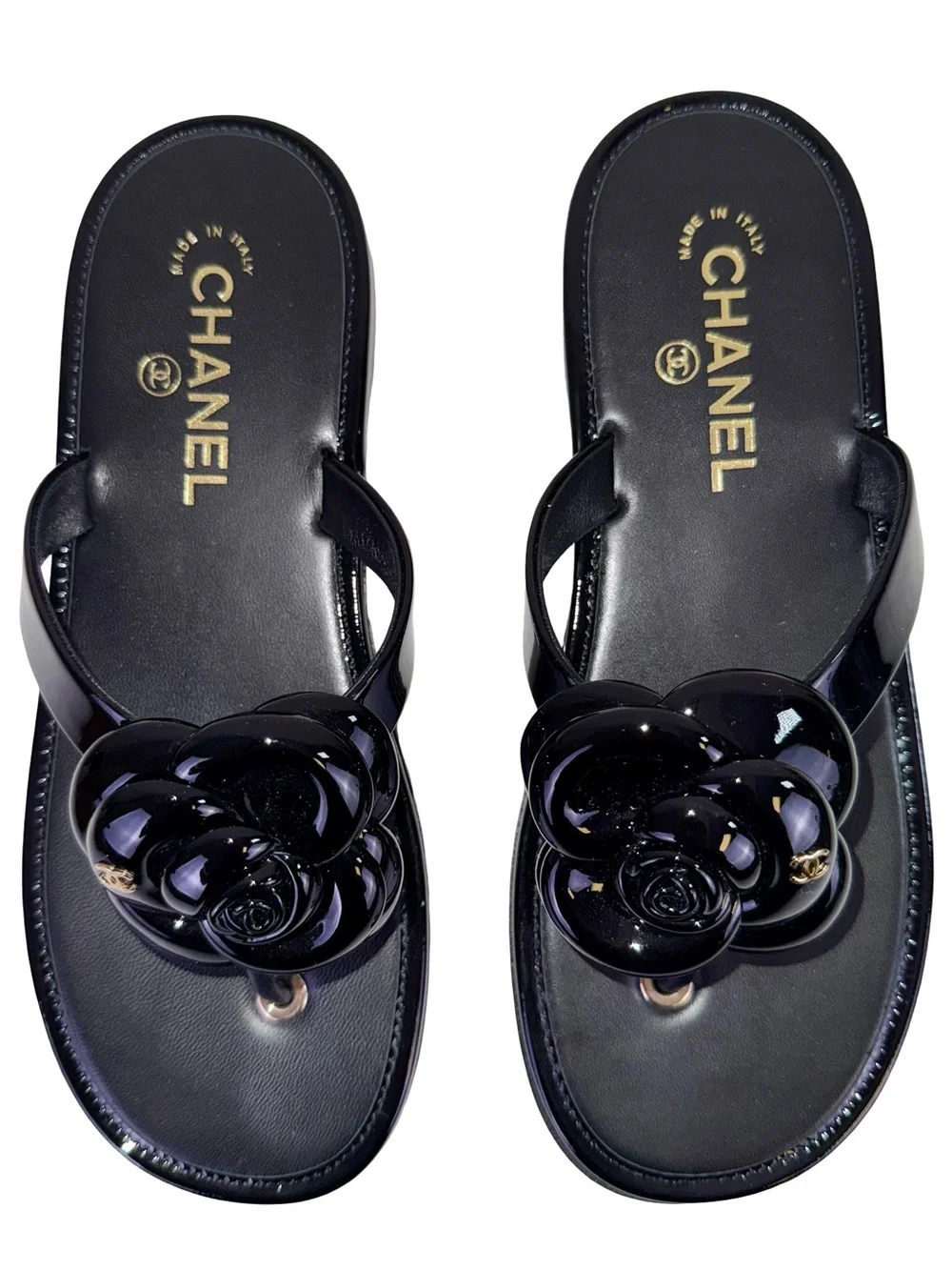 CHANEL BLACK CAMELLIA THONG JELLY SANDALS